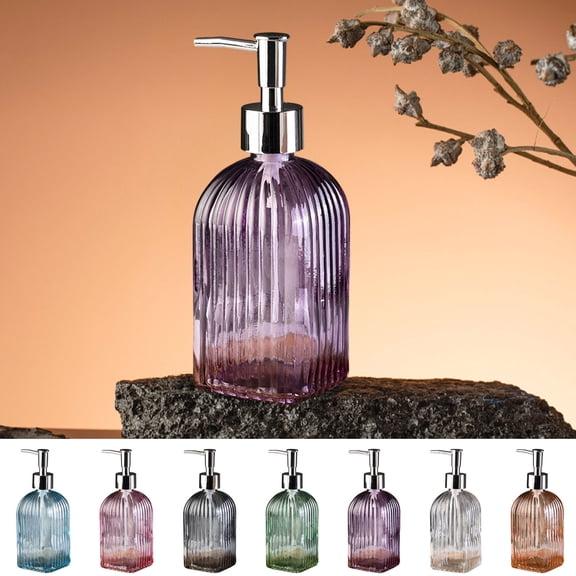 JeashCHAT Clear Glass Soap Dispenser with Rust Proof Stainless Steel Pump, 350ml Pump Bottle Refillable Liquid Hand Soap Dispenser for Bathroom Kitchen, Purple