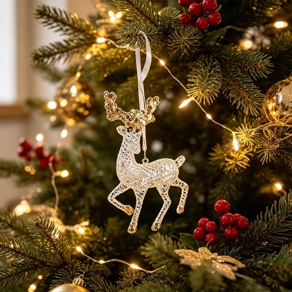 JeashCHAT Clear Plastic Christmas Tree Ornaments Transparent Reindeer Hanging Pendant with Glitter Sequins, Christmas Tree Decorations, Xmas Gifts