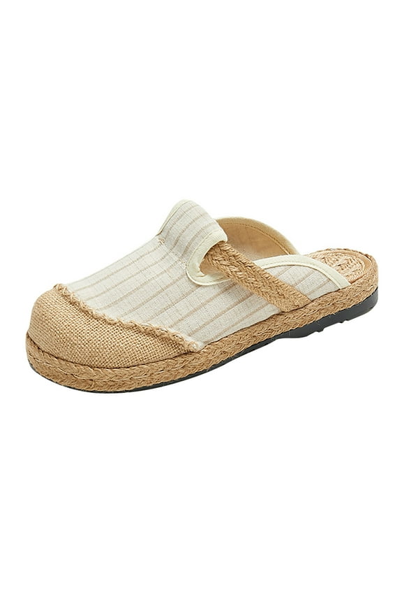 Mules for Women Flats Slip On Backless Canvas Mule Shoes Espadrilles Closed Toe Slides for Summer Beach (Beige)