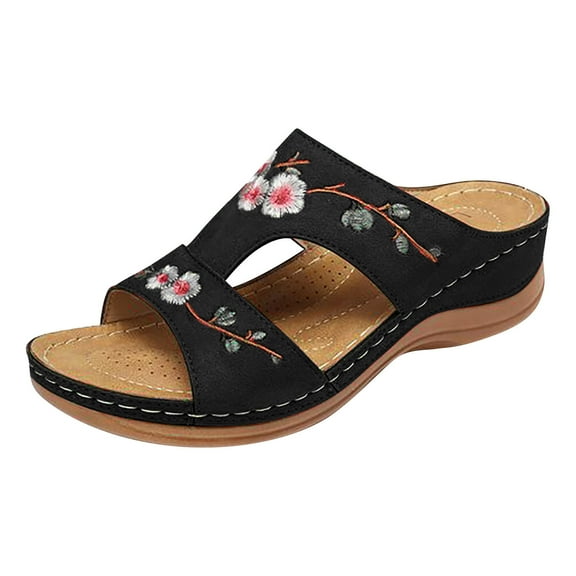 JeashCHAT Slip On Slide Sandals for Women 2021 Summer New Women's Shoes Hollow Flower Embroidery Wedge Women's Slippers (Black)