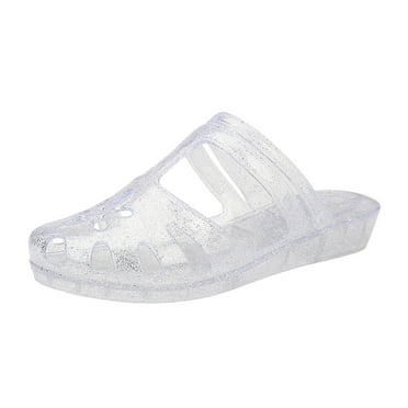 JeashCHAT Clearance Slip On Slide Sandals for Women Summer New Closed Toe Sandals Soft Sole Transparent Crystal Jelly Casual Slippers (White)