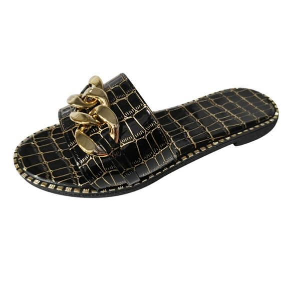 JeashCHAT Slip On Slide Sandals for Women Women's Flat Shoes Ladies Beach Sandals Summer Non-Slip Causal Slippers (Black)