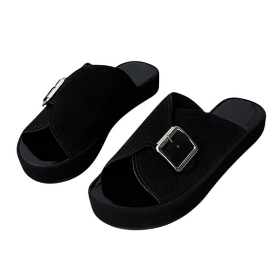 JeashCHAT Slip On Slide Sandals for Women Women's Flat Shoes Ladies Beach Sandals Summer Non-Slip Causal Slippers (Black)