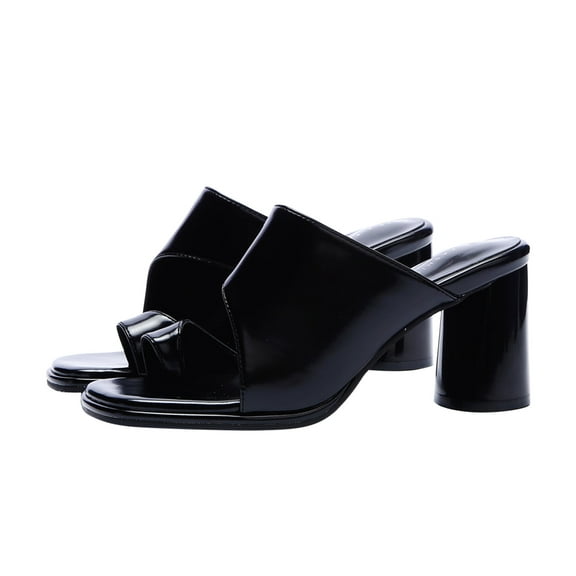 JeashCHAT Slip On Slide Sandals for Women Women's Loose Toe Thick High Heel Mules Straight Line Sandals And Slippers (Black)