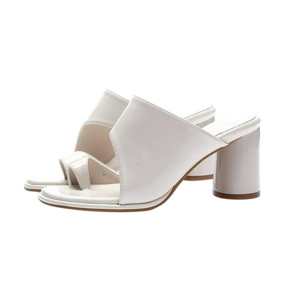 JeashCHAT Slip On Slide Sandals for Women Women's Loose Toe Thick High Heel Mules Straight Line Sandals And Slippers (White)