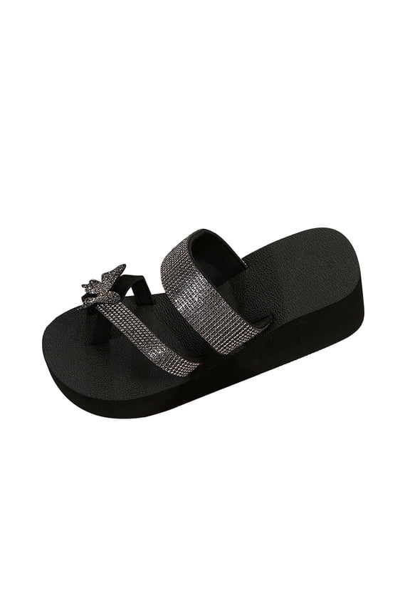 Slip On Slide Sandals for Women Women's Rhinestone Slippers Flat Mules Bottom Slope Heel Sandals (Black)
