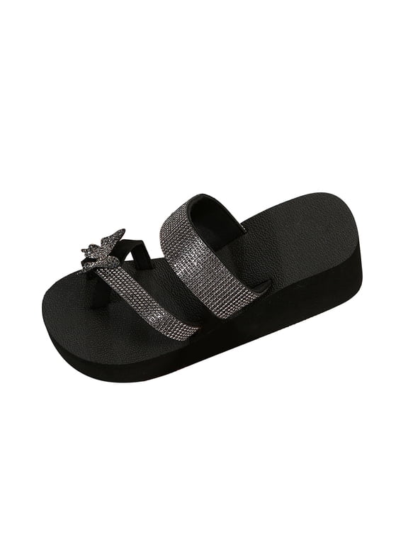 Slip On Slide Sandals for Women Women's Rhinestone Slippers Flat Mules Bottom Slope Heel Sandals (Black)