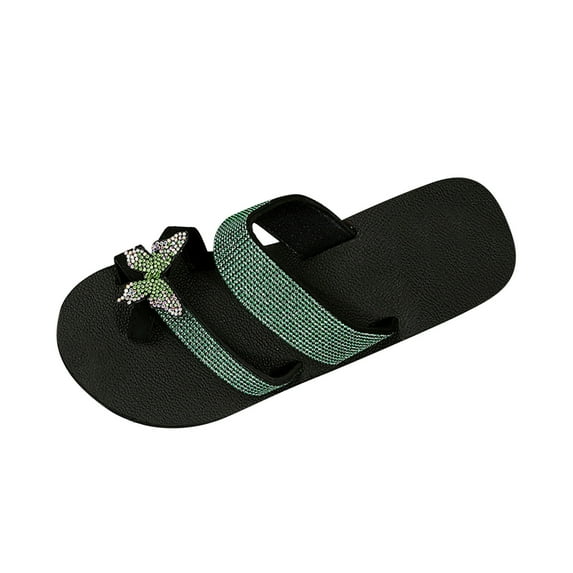 JeashCHAT Slip On Slide Sandals for Women Women's Rhinestone Slippers Flat Mules Bottom Slope Heel Sandals (Green)
