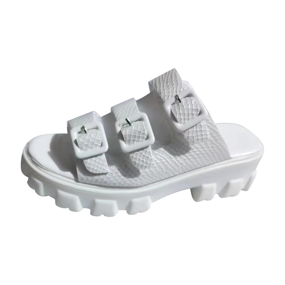 JeashCHAT Clearance Slip On Slide Sandals for Women Women's Round Toe Thick Heeled Shoes Ladies Beach Sandals Summer Non-Slip Causal Slippers (White)