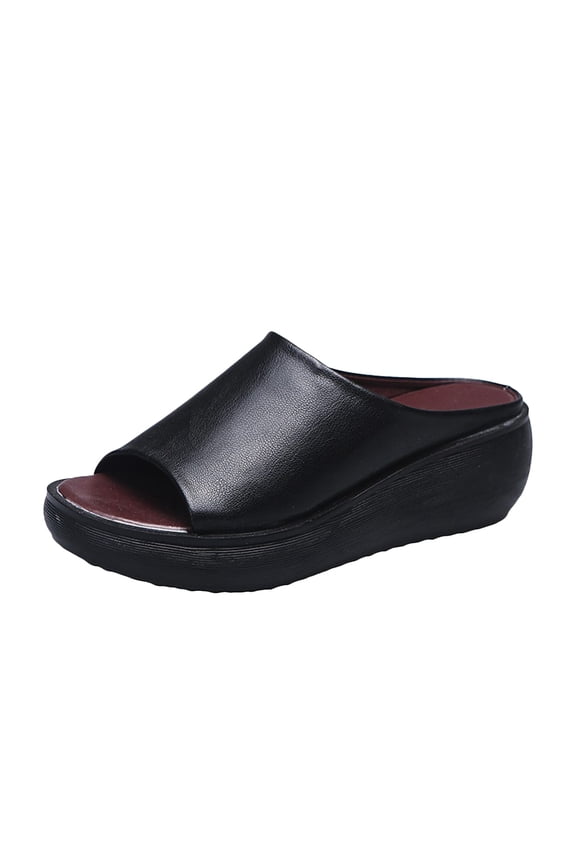 Slip On Slide Sandals for Women Women's Slope Heel Slippers Sponge Cakeshoes Fish Mouth Mules Thick Sole Sandals (Black)