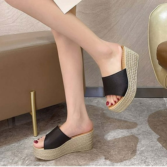 JeashCHAT Slip On Slide Sandals for Women Women's Summer Casual Platform Slippers Thick Bottom Wedged-heel Fashion Slippers (Black)