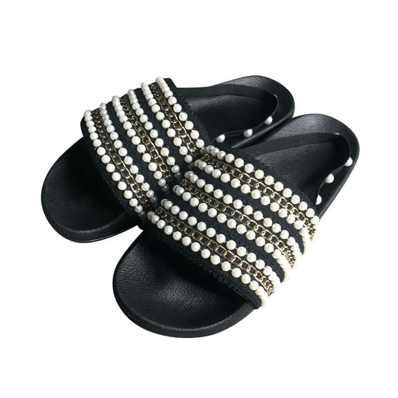 JeashCHAT Slip On Slide Sandals for Women Women's Summer Fashion Pearl Slipper Casual Flat Shoes With Faceted Slippers (Black)
