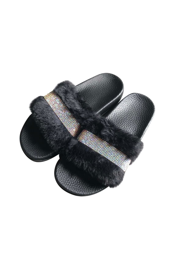 Slip On Slide Sandals for Women Women's Summer Suede Home Shoes Indoor And Outdoor Flash Drilling Slippers (Black)