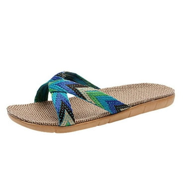 JeashCHAT Clearance Slip On Slide Sandals for Women Womens Fashion Anti-slip Linen Home Indoor Open Toe Flat Shoes Beach Slippers (Blue)