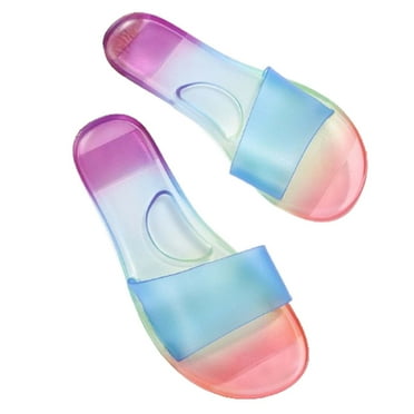 JeashCHAT Clearance Slip On Slide Sandals for Women Womens Summer Fashion Colour Transparent Slippers Round Toe Flat Casual Slippers