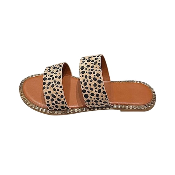 JeashCHAT Slip On Slide Sandals for Women Womens Summer Fashion Flat Slippers Round-toe Leopard Print Casual Slippers (Khaki)