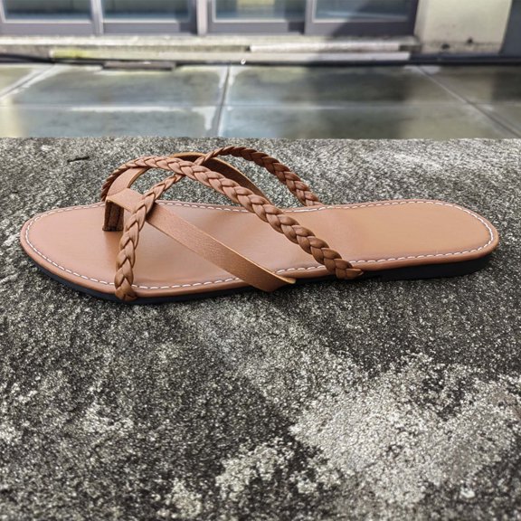 JeashCHAT Slip On Slide Sandals for Women Womens Summer Fashion Slippers Solid Color Retro Woven Belt Design Flat Slippers (Brown)