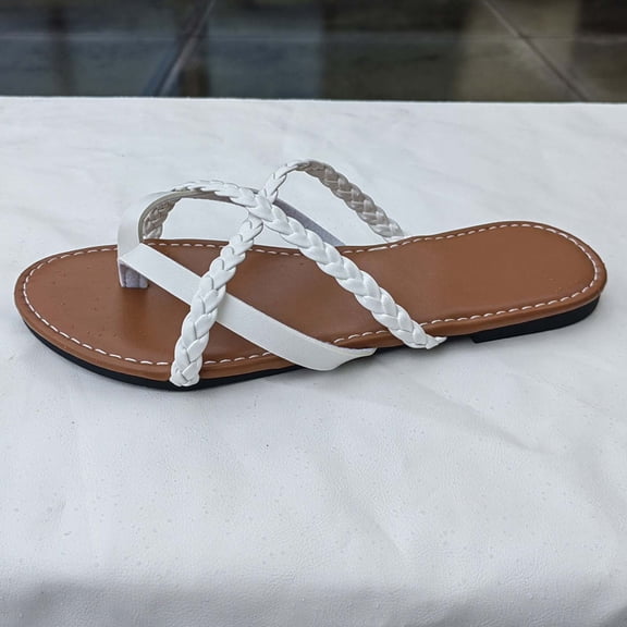 JeashCHAT Slip On Slide Sandals for Women Womens Summer Fashion Slippers Solid Color Retro Woven Belt Design Flat Slippers (White)