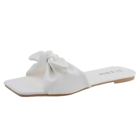 JeashCHAT Clearance Women's Bowknot Flat Sandals Square Open Toe Slip On Slides Soft Leather Slippers for Summer (White)