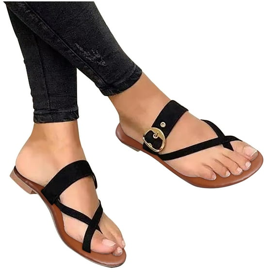 JeashCHAT Women's Flat Sandals Comfortable Slip On Beach Sandals Adjustable Buckle Toe Ring Sandals Flip Flops (Black)