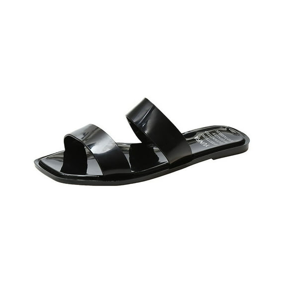 JeashCHAT Womens Flat Sandals Square Open Toe Slide Sandals Summer Slip On Two Strap Beach Sandals (Black)