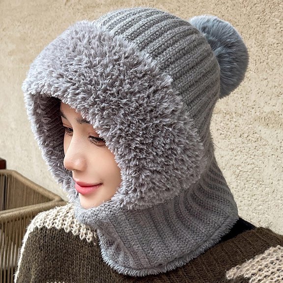 JeashCHAT Womens Winter Knitted Beanie Hat Slouchy Knit Skull Cap Beanie Circle Scarf Set Ski Snow Hat with Pompom, Gray