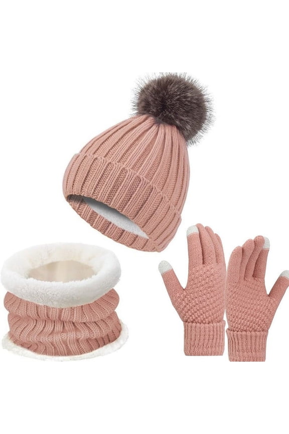 Womens Winter Warm Knit Beanie Hat with Faux Fur Pom, Knitted Skull Cap Circle Scarves Touchscreen Gloves Set with Fleece Lined for Cold Weather, Gifts for Women Men (Pink)