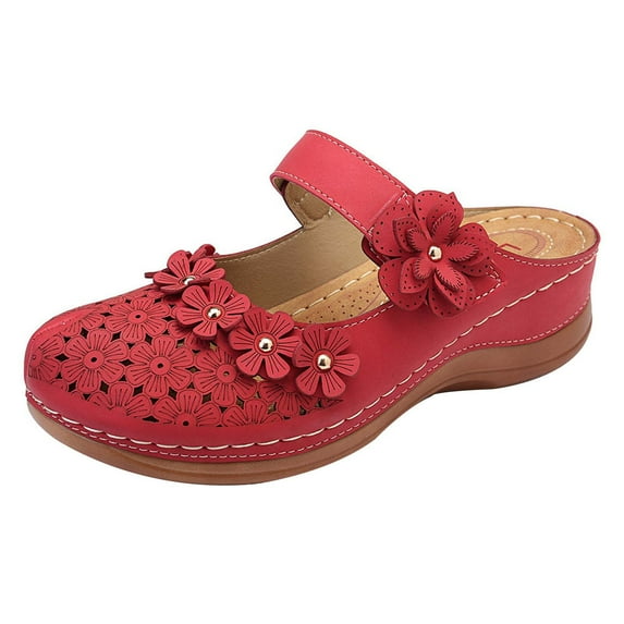 JeashCHAT Closed Toe Sandals for Women, Hollow Out Flowers Wedge Slide Sandals with Arch Support Outdoor Backless Slippers Slip On Walking Shoes (Red)