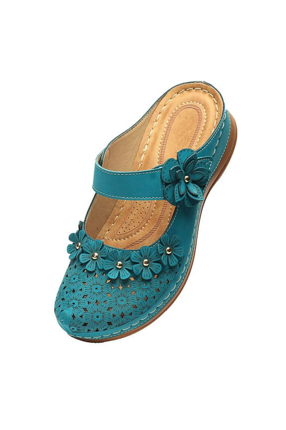 Closed Toe Sandals for Women, Hollow Out Flowers Wedge Slide Sandals with Arch Support Outdoor Backless Slippers Slip On Walking Shoes (Mint Green)