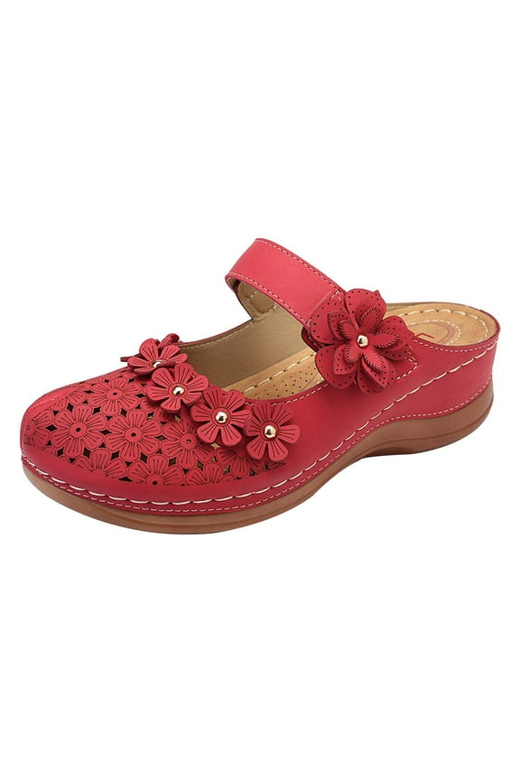 Closed Toe Sandals for Women, Hollow Out Flowers Wedge Slide Sandals with Arch Support Outdoor Backless Slippers Slip On Walking Shoes (Red)