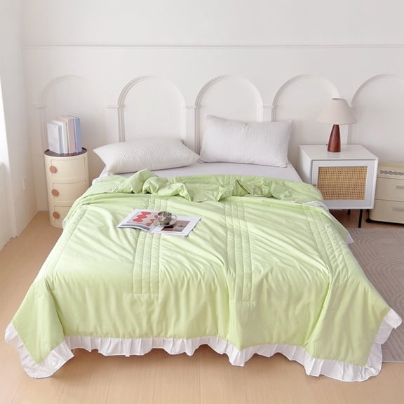 JeashCHAT Cooling Comforter Twin, Summer Ruffled Quilt 60"x80" Ruffle Comforter for Women, Soft Lightweight Thin Comforter for All Season, Light Green