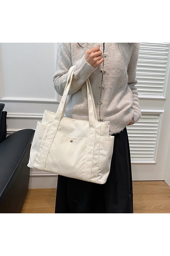 Corduroy Tote Bag for Women, Multi Pocket Large Capacity Casual Shoulder Bag for Female, Shoulder Tote Bag Handbags for Travel Work, Gifts for Mom Women, White