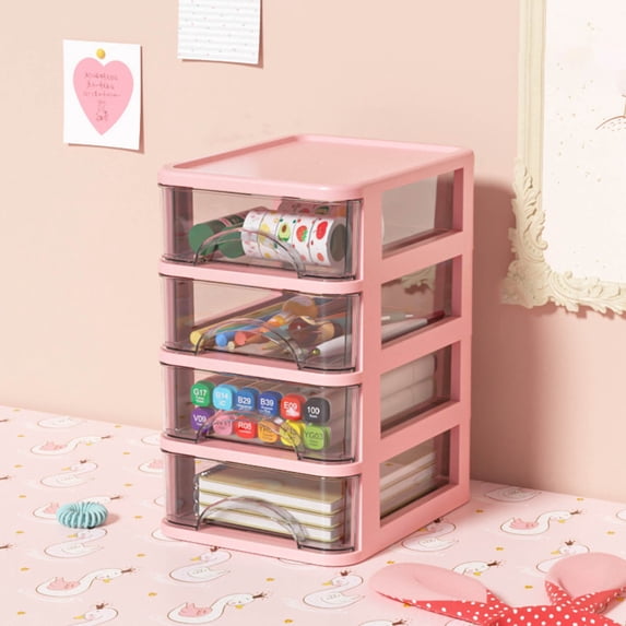JeashCHAT Desk Organizer with 4 Drawers, Desktop Drawers, Stationery Office Supplies Storage Container, Plastic Cosmetic Makeup Organizer, Suitable for Office Home Bathroom Dorm (Pink)