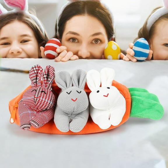 JeashCHAT Easter 3 Bunnies in Carrot Pouch, Carrot Rabbits Plush Toy Stuffed Animal Surprise Zip Up Carrot Purse Easter Basket Stuffers Decorations Gifts for Kids