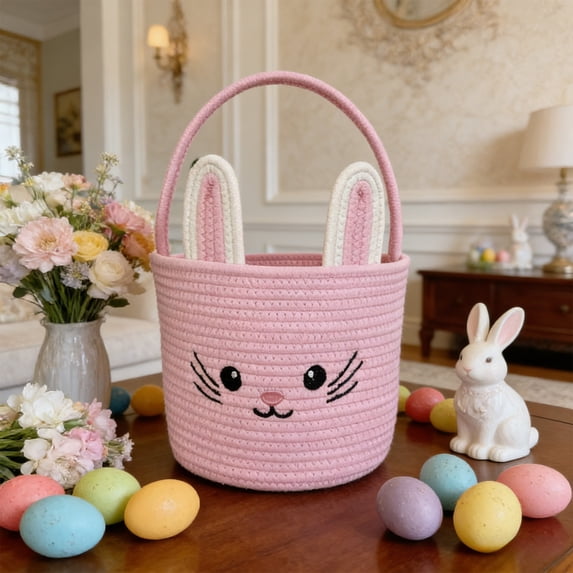 JeashCHAT Easter Basket for Kids, Woven Cotton Rope Easter Bunny Basket with Cute Rabbit Ears, Easter Gift Basket, Pink