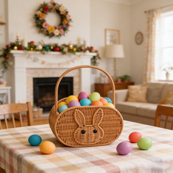 JeashCHAT Easter Bunny Basket with Handle, Woven Storage Basket, Easter Gift Basket, Wicker Rattan Picnic Basket, Spring Easter Party Decorations Easter Egg Basket Flower Basket