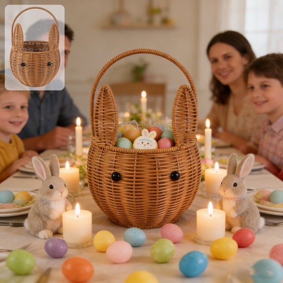 JeashCHAT Easter Bunny Basket, Woven Easter Basket with Handle and Cute Rabbit Ears, Spring Wicker Rattan Flower Basket, Easter Gift Basket, Easter Eggs Candy Toy Storage Basket