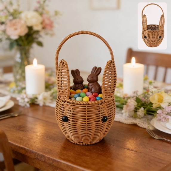 JeashCHAT Easter Bunny Basket, Woven Easter Basket with Handle and Cute Rabbit Ears, Spring Wicker Rattan Flower Basket, Easter Gift Basket, Easter Eggs Candy Toy Storage Basket