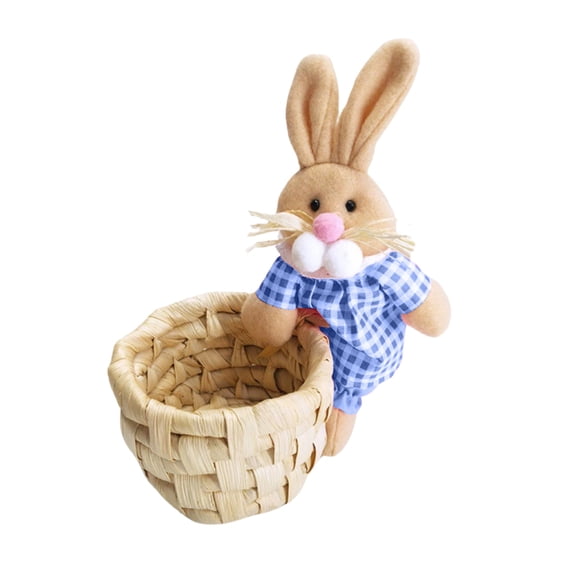 JeashCHAT Easter Bunny Candy Basket, Cute Plush Rabbit with Woven Storage Basket for Easter Eggs Candy Snacks, Easter Party Tabletop Decor, Blue