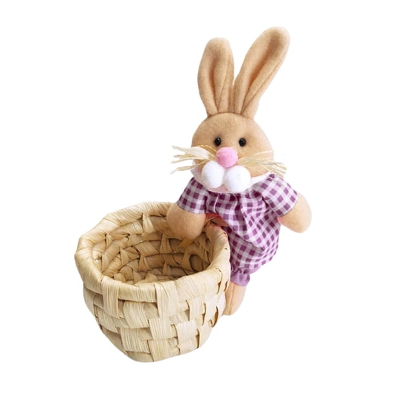 JeashCHAT Easter Bunny Candy Basket, Cute Plush Rabbit with Woven Storage Basket for Easter Eggs Candy Snacks, Easter Party Tabletop Decor, Purple