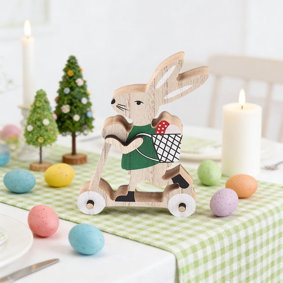 JeashCHAT Easter Bunny Decorations, Easter Gifts, Wooden Rabbit Riding Bicycle Tabletop Centerpiece, Cute Bunny Figurine for Spring Easter Party Home Mantel Decor, Green
