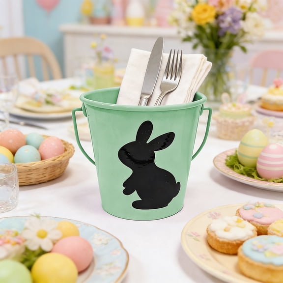 JeashCHAT Easter Bunny Metal Bucket, Mini Rabbit Print Pail with Handle, Colorful Easter Candy Bucket Easter Egg Bucket, Pencil Holder Flower Pot Vase, Green
