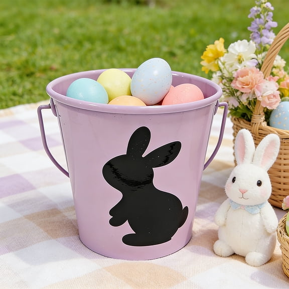 JeashCHAT Easter Bunny Metal Bucket, Mini Rabbit Print Pail with Handle, Colorful Easter Candy Bucket Easter Egg Bucket, Pencil Holder Flower Pot Vase, Purple