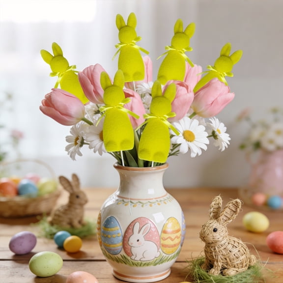 JeashCHAT Easter Bunny Picks, Easter Floral Picks, Decorative Artificial Flocked Pastel Rabbit Stems with Ribbon Bow for Vase Filler, Table Centerpiece, Holiday Party Supplies, 1 Pc