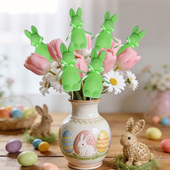 JeashCHAT Easter Bunny Picks, Easter Floral Picks, Decorative Artificial Flocked Pastel Rabbit Stems with Ribbon Bow for Vase Filler, Table Centerpiece, Holiday Party Supplies, 1 Pc