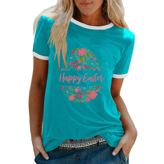 JeashCHAT Easter Clothes for Women Bunny Rabbit Egg Print Women Summer Sexy Happy Easter Print Regular Women Round Neck Short Sleeves Top