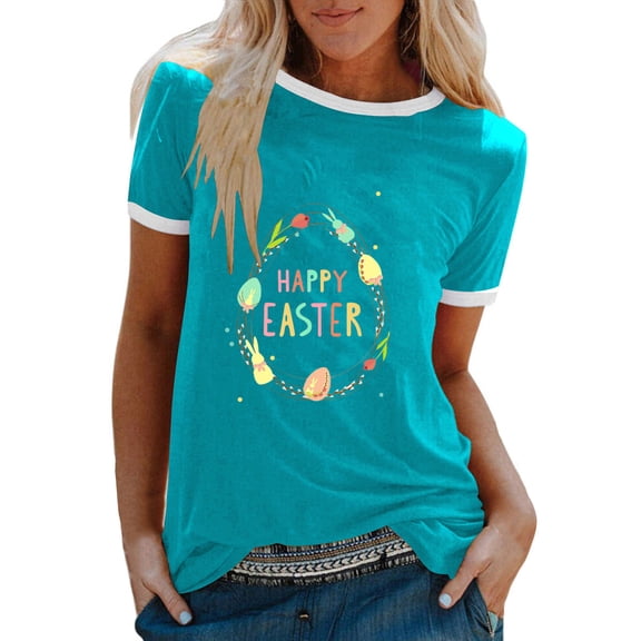 JeashCHAT Easter Clothes for Women Bunny Rabbit Egg Print Women Summer Sexy Happy Easter Print Regular Women Round Neck Short Sleeves Top