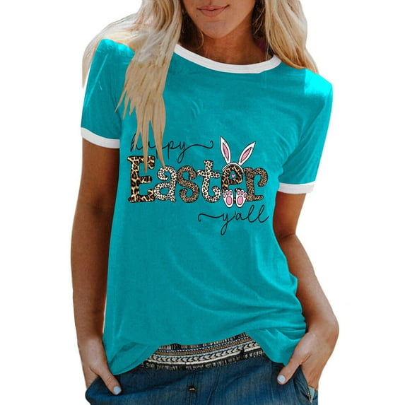 JeashCHAT Easter Clothes for Women Bunny Rabbit Egg Print Women Summer Sexy Happy Easter Print Regular Women Round Neck Short Sleeves Top