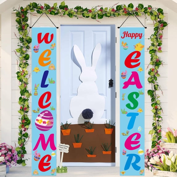 JeashCHAT Easter Decorations Easter Porch Sign Happy Easter Banner Indoor Outdoor Wall Hanging Flag Banners