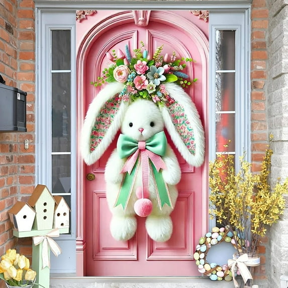 JeashCHAT Easter Door Hanging Decorations, Easter Bunny Wreath Door Cover for Front Door Decor, Spring Easter Holiday Party Supplies Porch Wall Hanging Cover